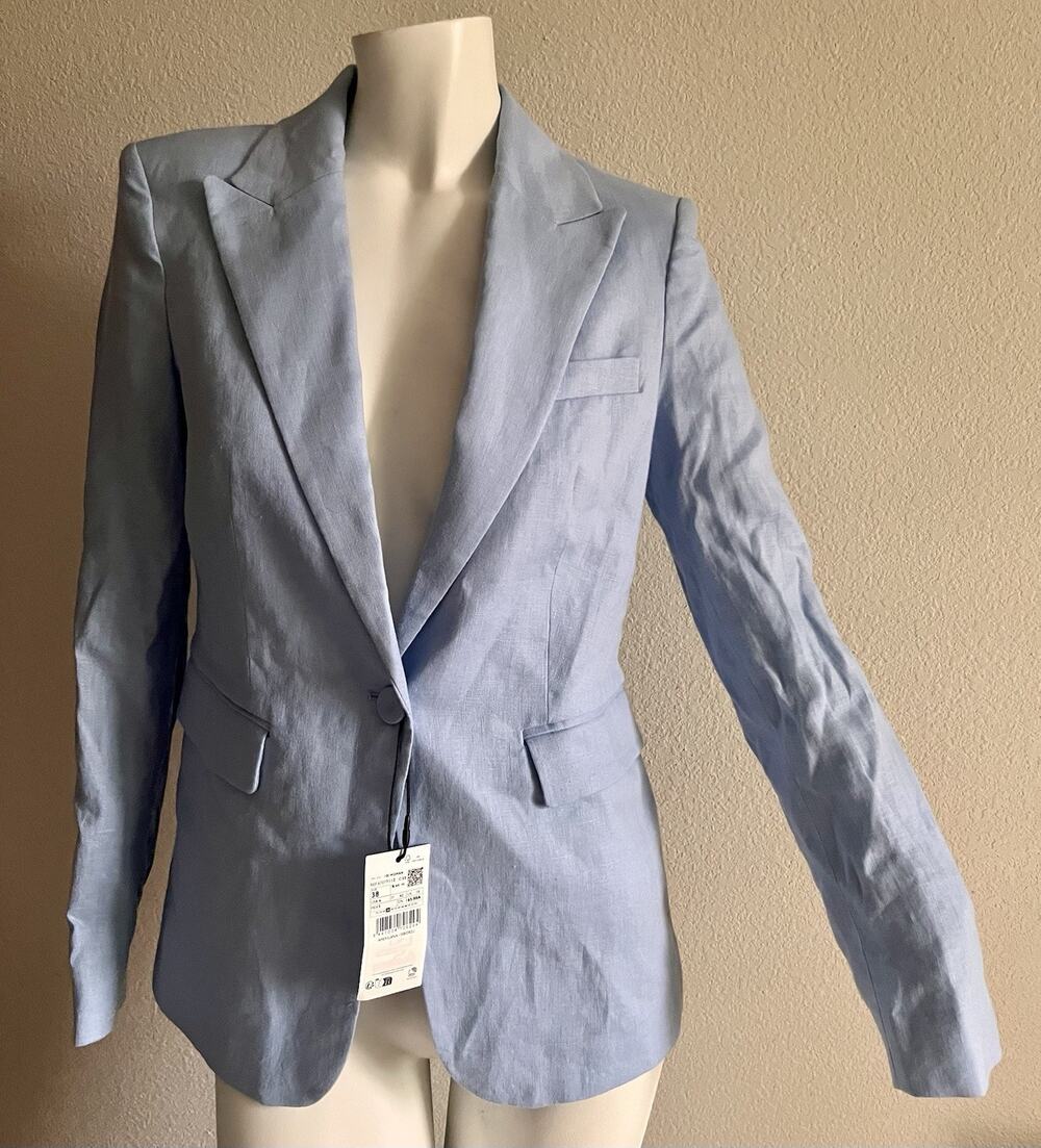 MNG Mango Linen Blazer Women's 6 Light Blue Tailored Jacket 100% Linen NWT
